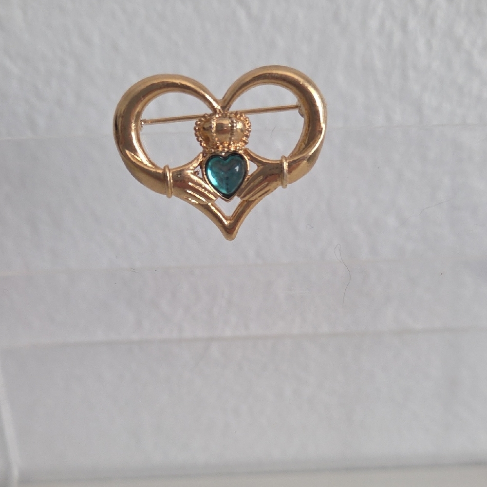 Gold Heart Brooch with Green Accent